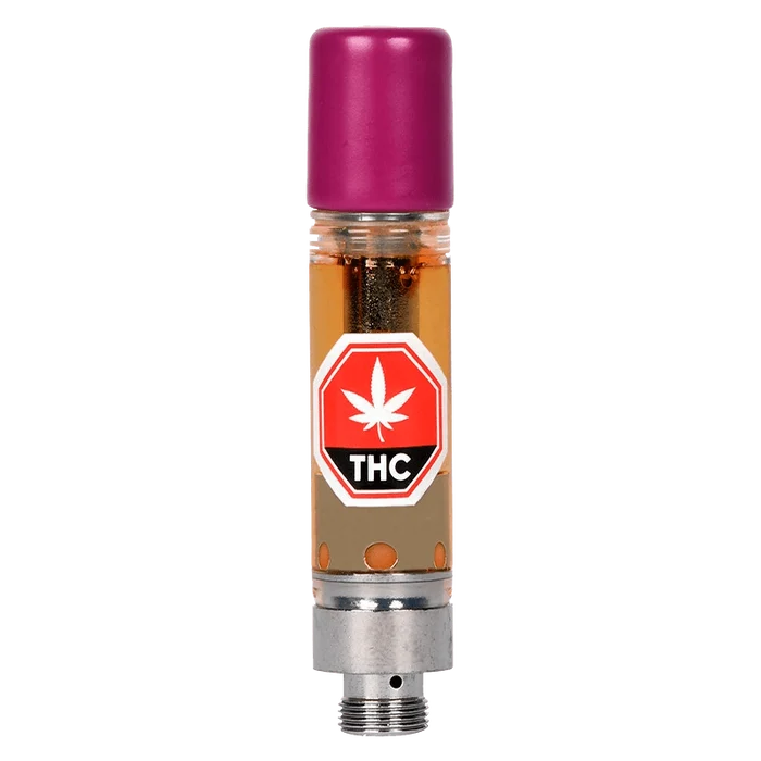Close-up of the Strawberry Jack liquid Live Resin Vape Cartridge with a metallic finish and visible threading detail.