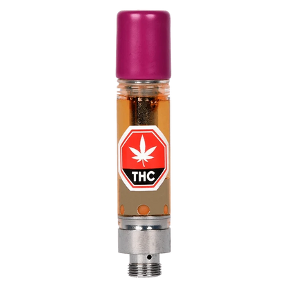 Close-up of the Strawberry Jack liquid Live Resin Vape Cartridge with a metallic finish and visible threading detail.
