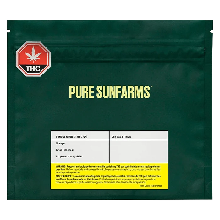 Front view of the Pure Sunday Cruiser package displaying details of the cannabis product and its contents.