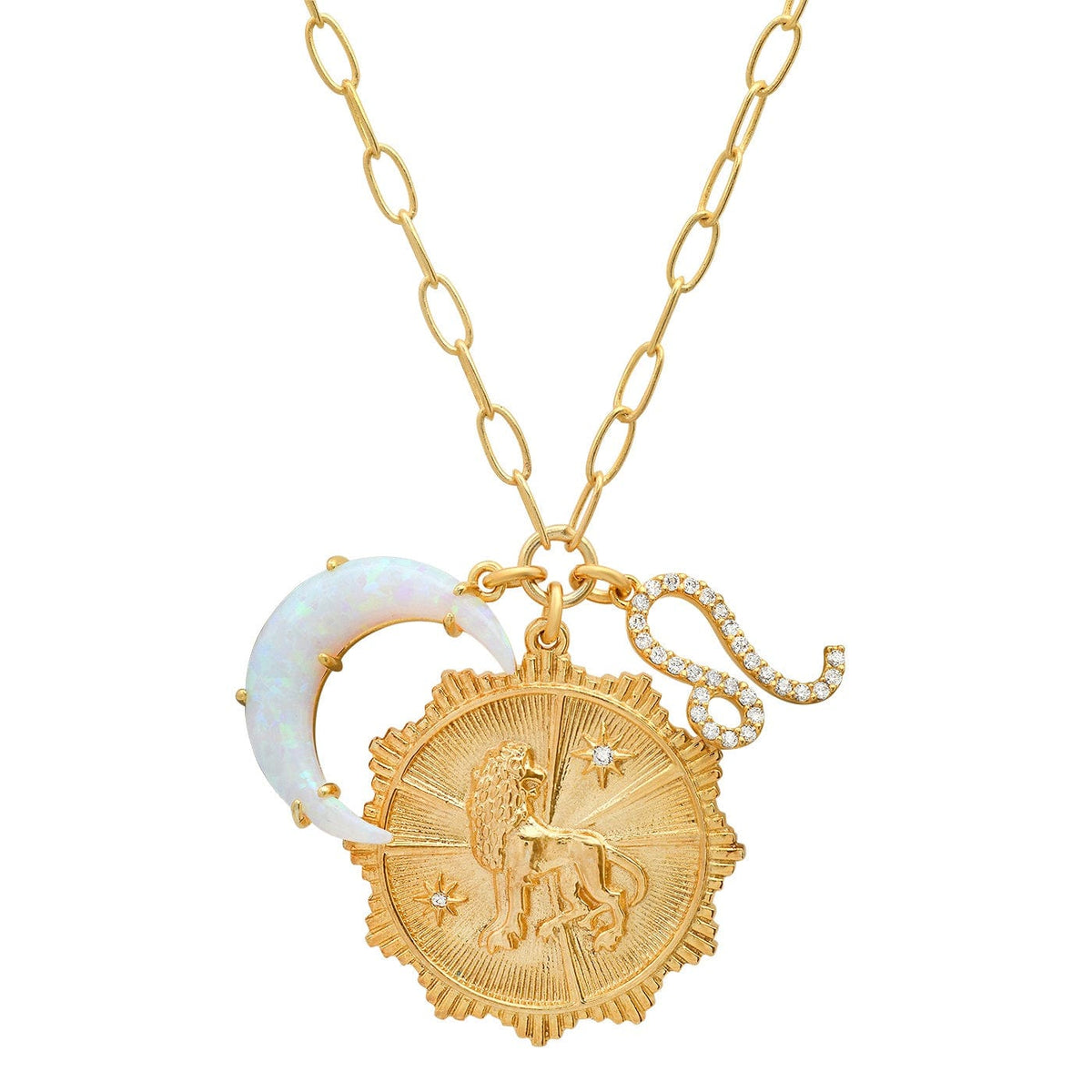 Opal Crescent Zodiac Charm Pendant Necklace