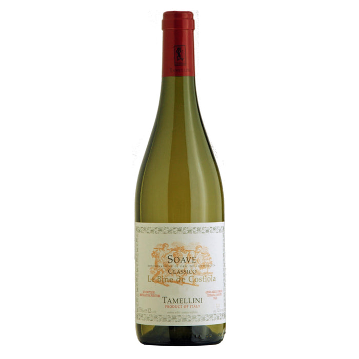 Tamellini Soave Classico wine bottle with green glass and red foil capsule