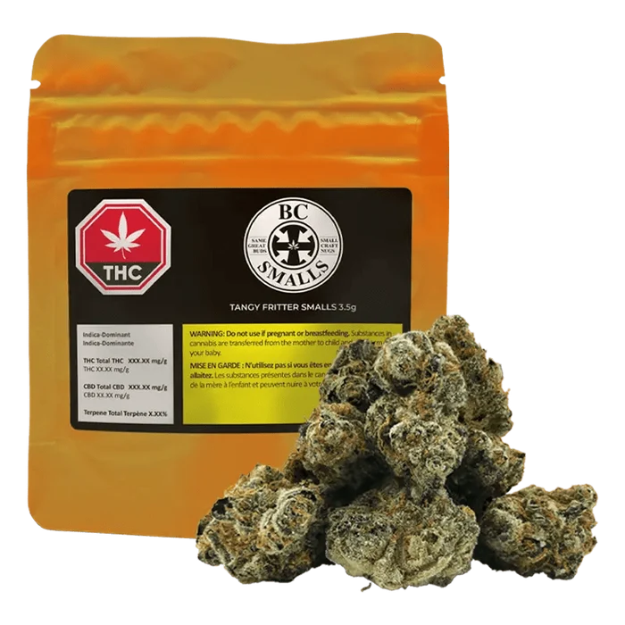Close-up of the Tangy Fritter Smalls package with a small cannabis leaf and bold branding on a dark background.