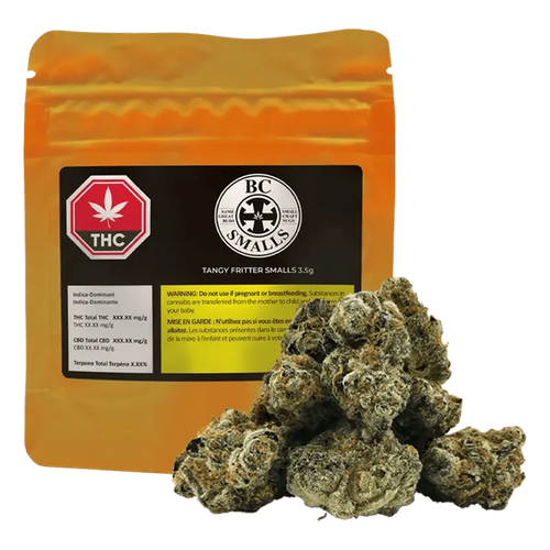 Close-up of the Tangy Fritter Smalls package with a small cannabis leaf and bold branding on a dark background.