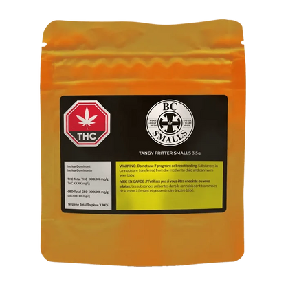 Front view of the Tangy Fritter Smalls packaging with a white label and black text on a dark background.
