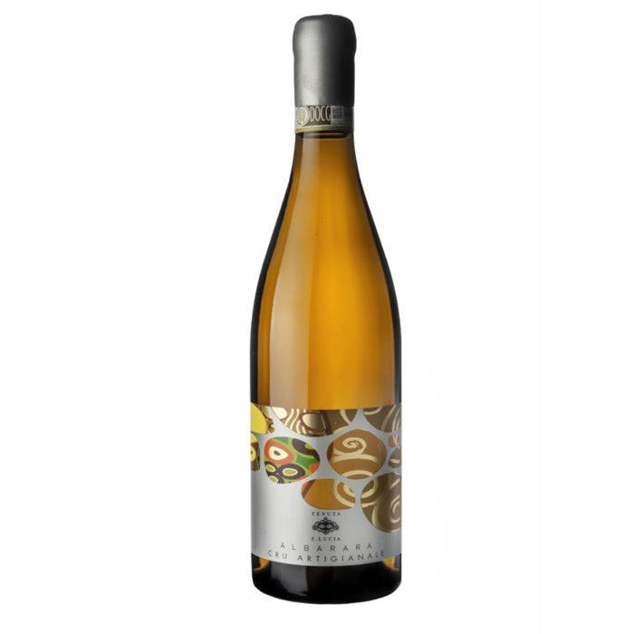 Tenuta Santa Lucia white wine bottle, amber glass and patterned label, 2019