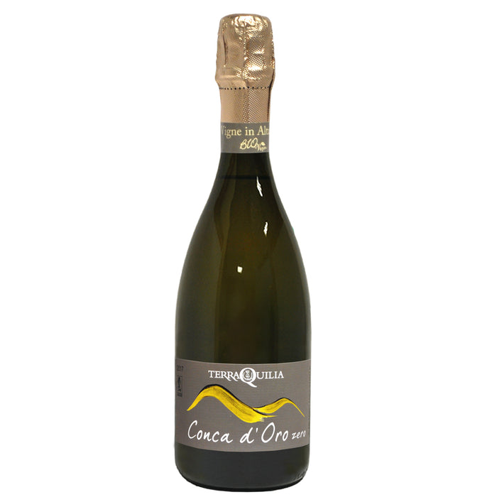 Sparkling wine bottle with gold foil top and Terraquilia Conca d'Oro label