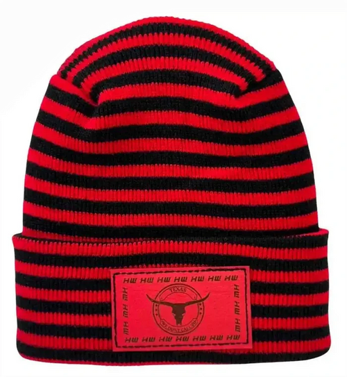 Texas Beanie, H Stitch Cuffed Beanie, Black and Red RoRo