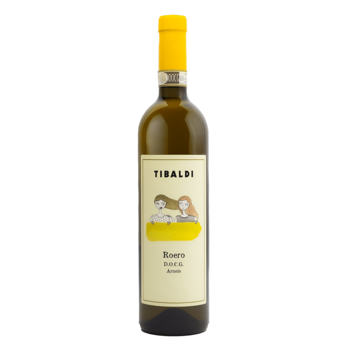 Tibaldi Roero Arneis 2023 wine bottle front label with yellow capsule