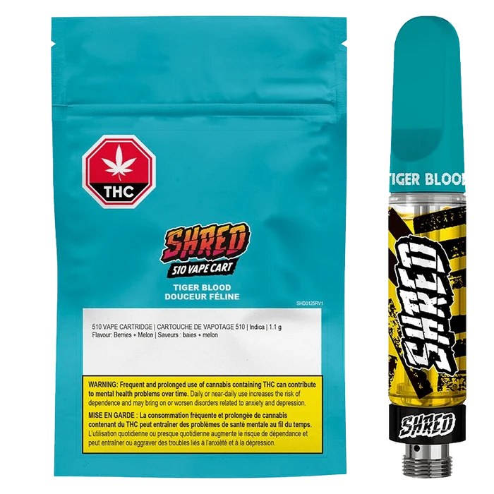 Close-up of the Tiger Blood Vape Cartridge packaging featuring bold text and a warning against cannabis-related health risks.