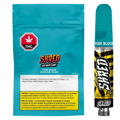 Close-up of the Tiger Blood Vape Cartridge packaging featuring bold text and a warning against cannabis-related health risks.