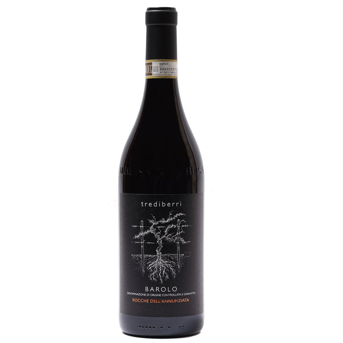 Trediberri Barolo wine bottle with black cap, dark label and crest graphics