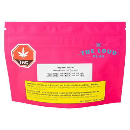 Front view of the Tropicana Cookies package with bold text and a green leaf, against a black background.