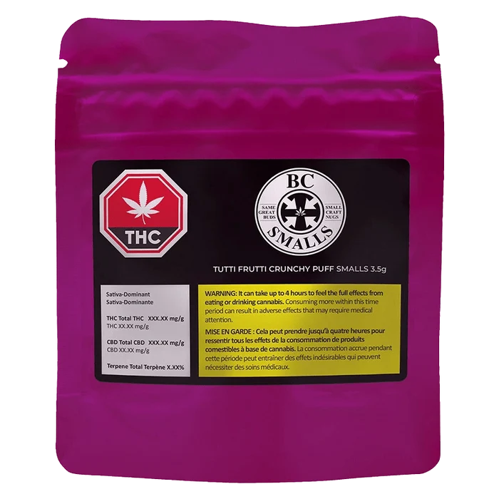 Front view of the Tutti Frutti Crunchy Puff Smalls packaging with a colorful logo and warning label.