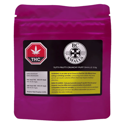 Front view of the Tutti Frutti Crunchy Puff Smalls packaging with a colorful logo and warning label.