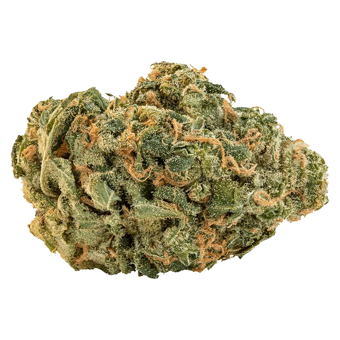 Close-up of the Ultra Sour bud, showcasing its dense, textured surface with green and amber hues.