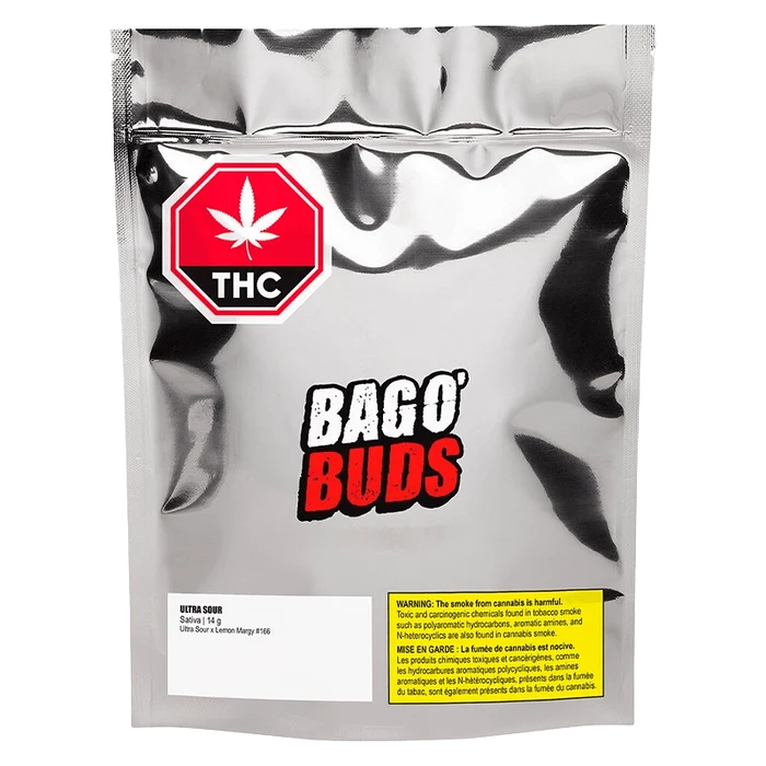 Front view of the Baco Ultra Sour package with bold red lettering and a green cannabis leaf, against a white background.