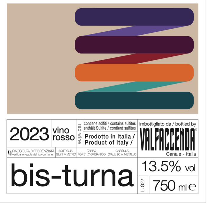 Valfaccenda bis-turna rosso label details, 2023 vintage, 13.5% vol, 750 ml.