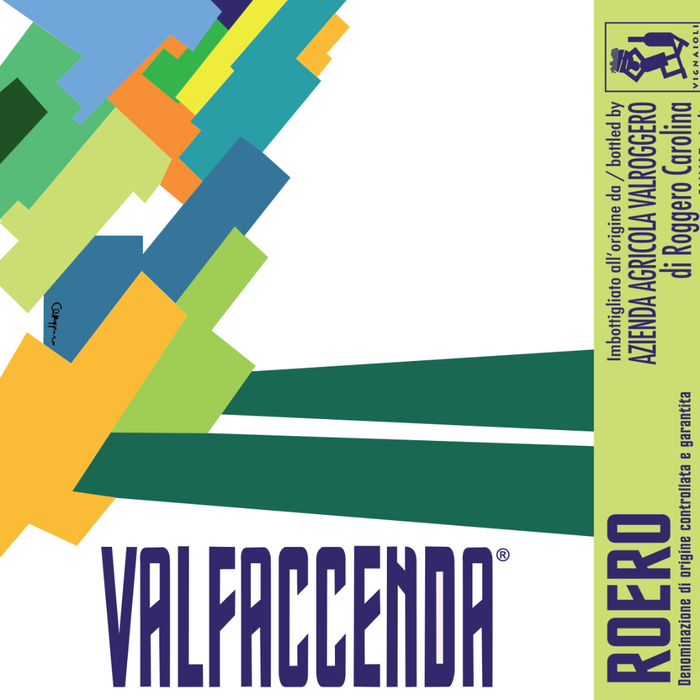 Valfaccenda Roero Arneis 2023 label close-up with colorful geometric graphics