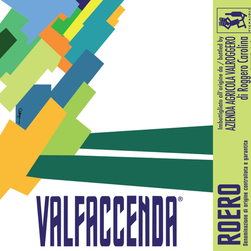 Valfaccenda Roero Arneis 2023 label close-up with colorful geometric graphics