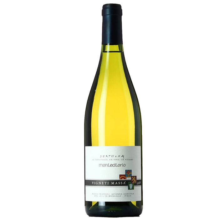 White wine bottle with black cap and cream label