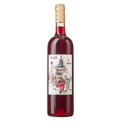 Front view 2022 red wine bottle with cork and illustrated label