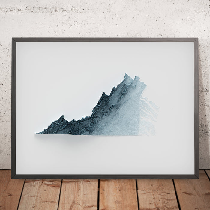 A framed image of a 3D style topographic relief map ofVirginia