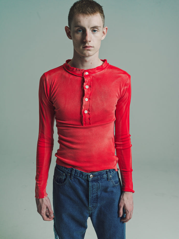 Washed Red Light Cotton Jersey Raw Stack Long Sleeve Henley