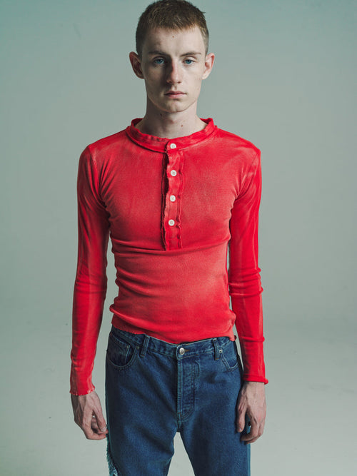 Washed Red Light Cotton Jersey Raw Stack Long Sleeve Henley