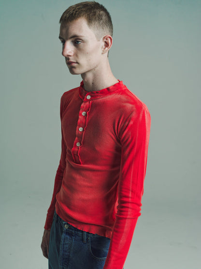 Washed Red Light Cotton Jersey Raw Stack Long Sleeve Henley