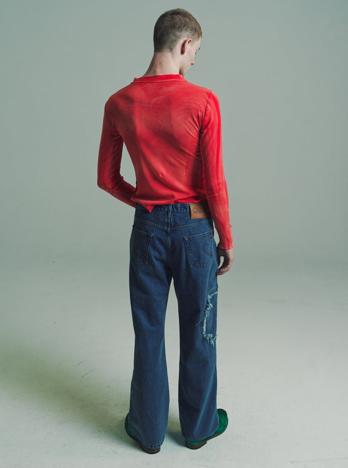 Washed Red Light Cotton Jersey Raw Stack Long Sleeve Henley