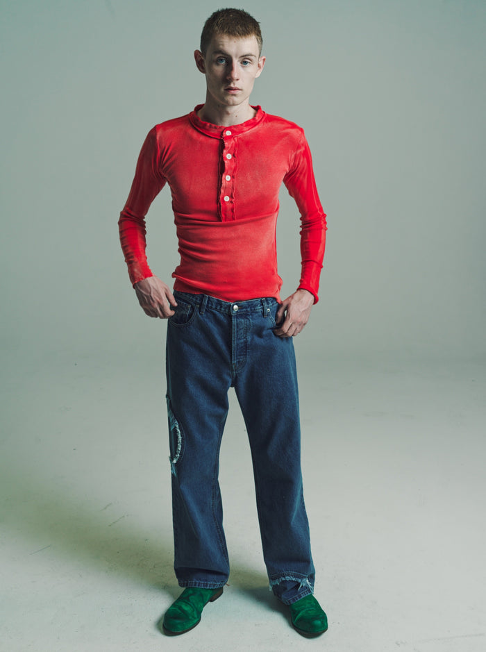 Washed Red Light Cotton Jersey Raw Stack Long Sleeve Henley