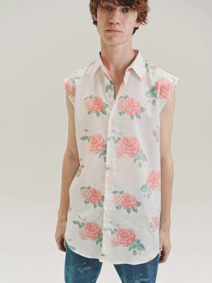 White Rose Print Sleeveless Dress Shirt | Ernest W. Baker | DEPARTAMENTO