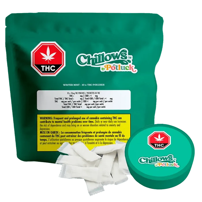 Close-up of Wintergreen Chillows Pouches packaging, displaying a logo and text in a green and white color scheme.