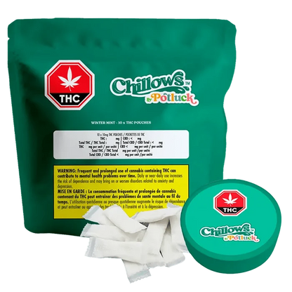 Close-up of Wintergreen Chillows Pouches packaging, displaying a logo and text in a green and white color scheme.