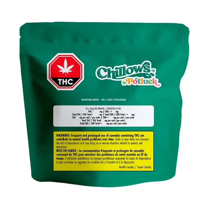 Close-up of Wintergreen Chillows Pouches packaging with a red and white design, displaying warnings about THC content.