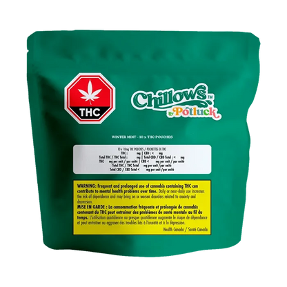 Close-up of Wintergreen Chillows Pouches packaging with a red and white design, displaying warnings about THC content.