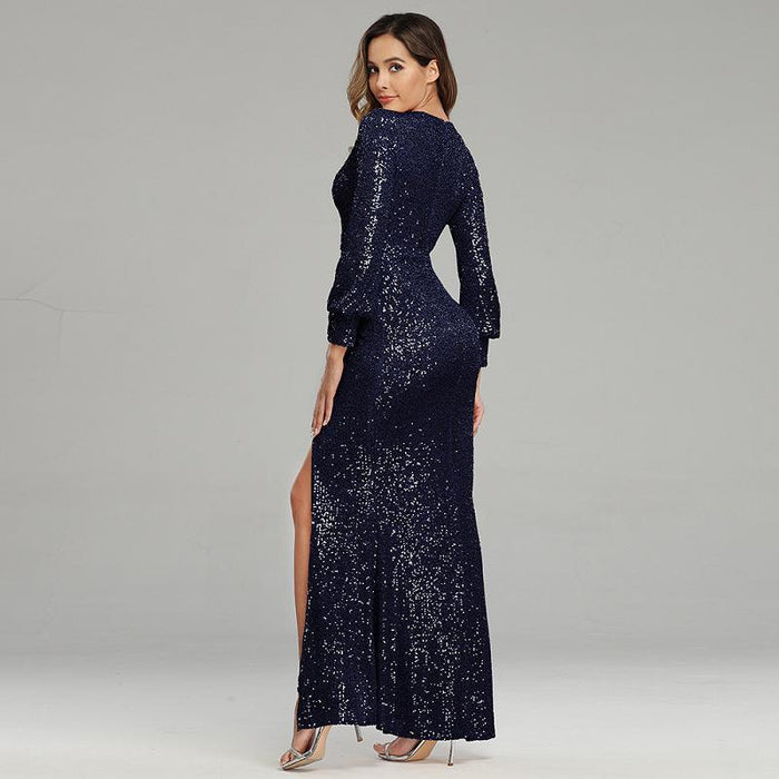 Women Long Prom Dress Sequin Party Dress Long Sleeve High Split Rose Gold Evening Dress