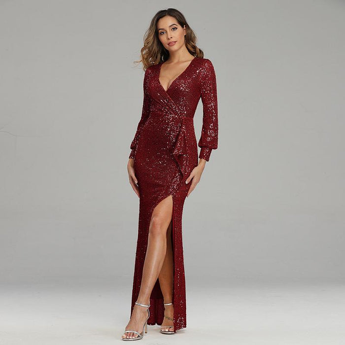 Women Long Prom Dress Sequin Party Dress Long Sleeve High Split Rose Gold Evening Dress