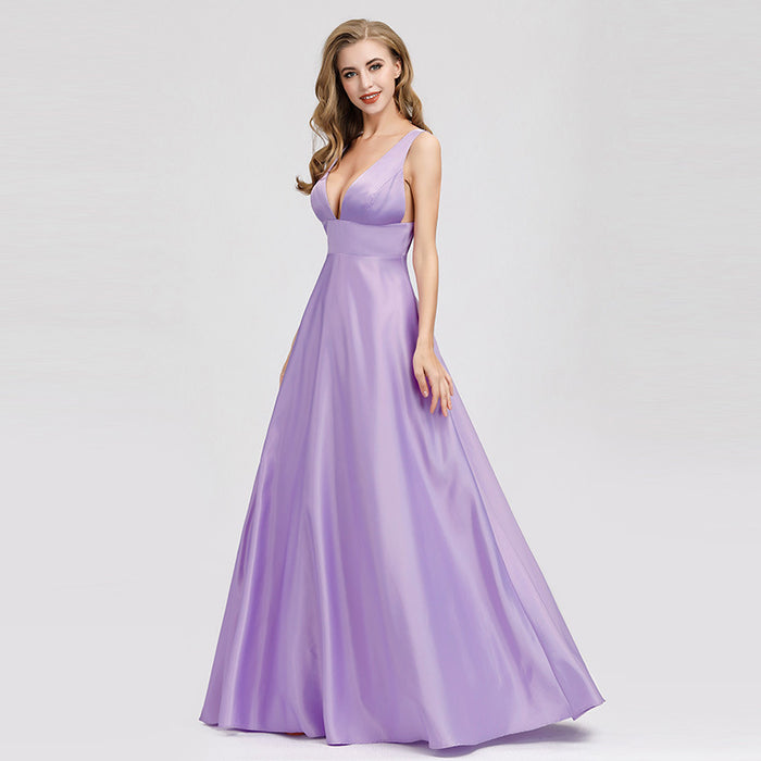 Women's Purple Prom Gown Double V-Neck Floor-Length Bridesmaid Dress