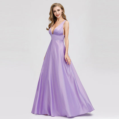 Women's Purple Prom Gown Double V-Neck Floor-Length Bridesmaid Dress