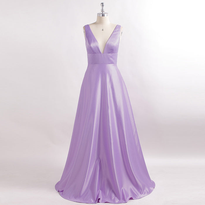 Women's Purple Prom Gown Double V-Neck Floor-Length Bridesmaid Dress