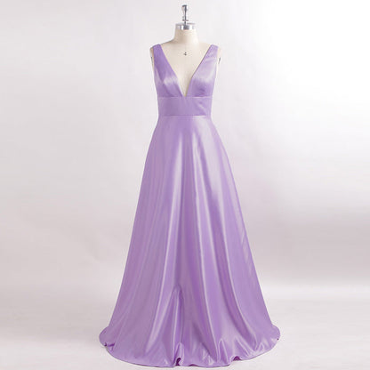 Women's Purple Prom Gown Double V-Neck Floor-Length Bridesmaid Dress