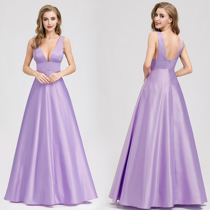 Women's Purple Prom Gown Double V-Neck Floor-Length Bridesmaid Dress