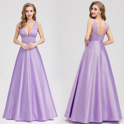 Women's Purple Prom Gown Double V-Neck Floor-Length Bridesmaid Dress