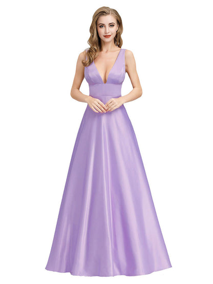 Women's Purple Prom Gown Double V-Neck Floor-Length Bridesmaid Dress