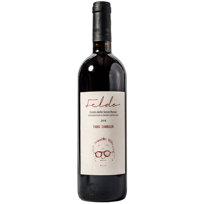 Red wine bottle with dark glass and cream label featuring illustrated face