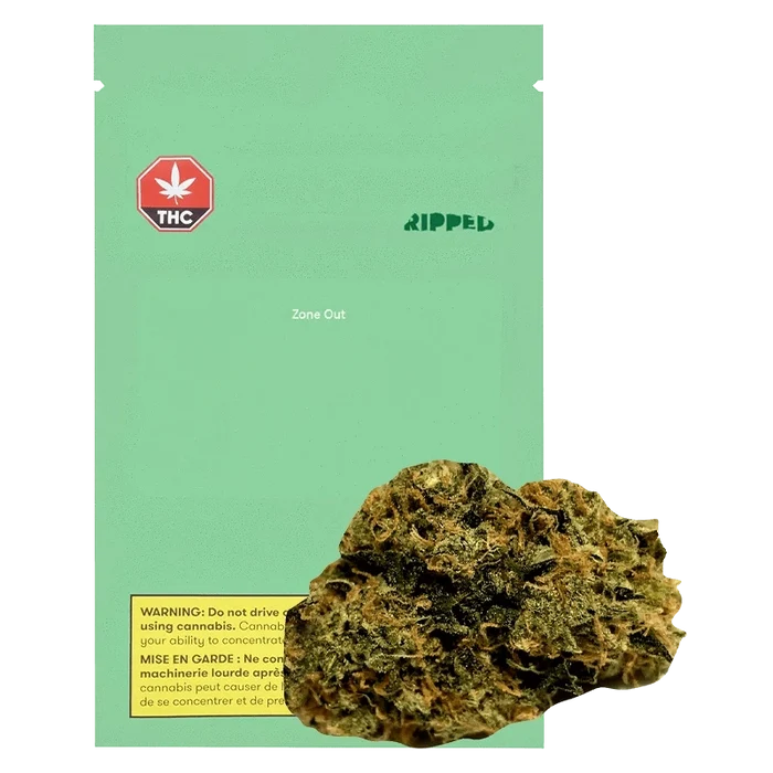 Front view of the mint-green "Zone Out" packet with a THC symbol and a cannabis bud overlapping the lower right, titled Zone Out.
