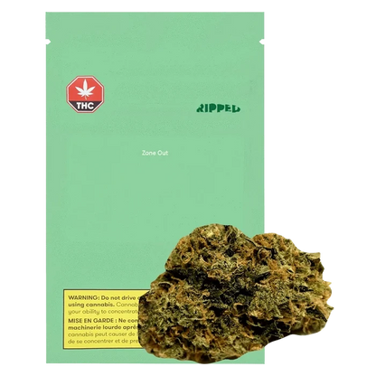 Front view of the mint-green "Zone Out" packet with a THC symbol and a cannabis bud overlapping the lower right, titled Zone Out.